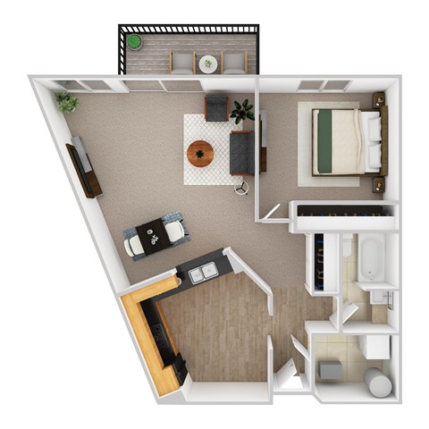 Floor plan for 1 bed, 1 bath, 893 sqft